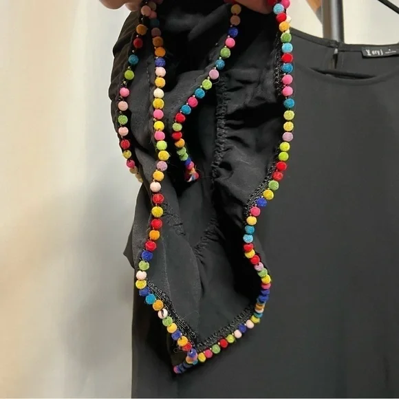 Very J Black Shift Dress with Rainbow Pom Pom Ruffle Sleeves Small - Picture 6 of 11